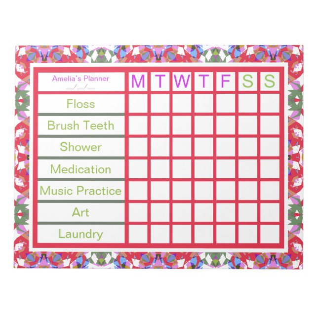 Fun ADHD Girl’s Women’s Weekly Reminder Planner Notepad (Front)