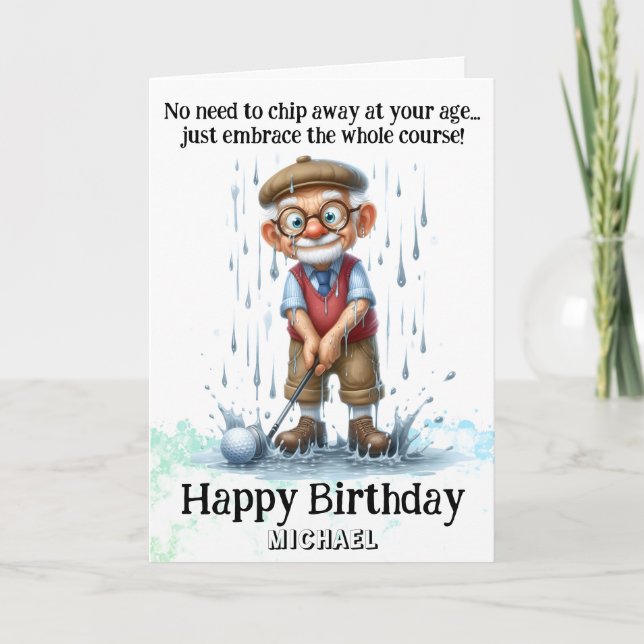 *~*  Fun Age Senior AP94  Golf Rain Birthday Card (Front)