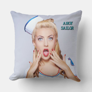 Fun Ahoy Sailor Girl in Sailor's Hat Editable Text Cushion
