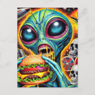 Fun Alien Eating Cheeseburger Postcard