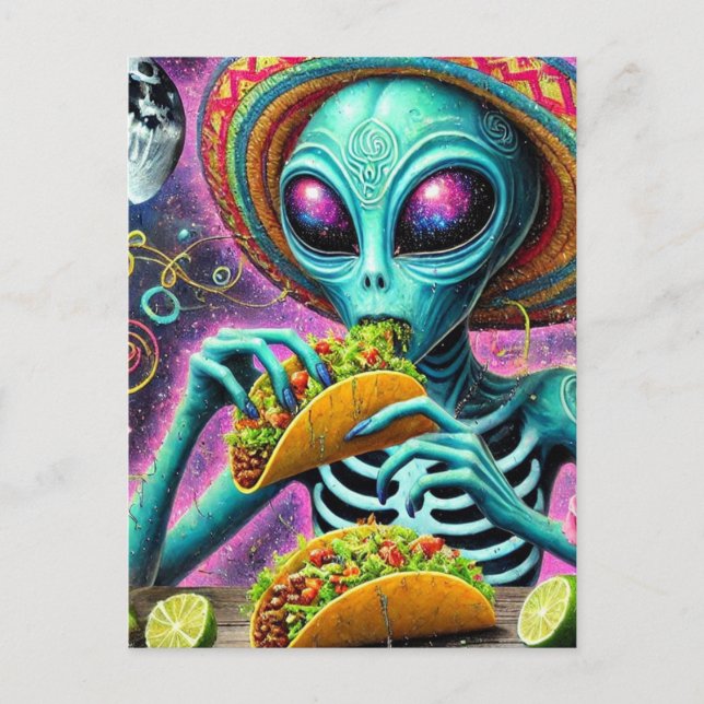 Fun Alien Eating Tacos Postcard (Front)