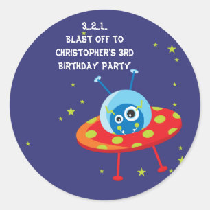 Fun alien ufo spaceship boy birthday party sticker