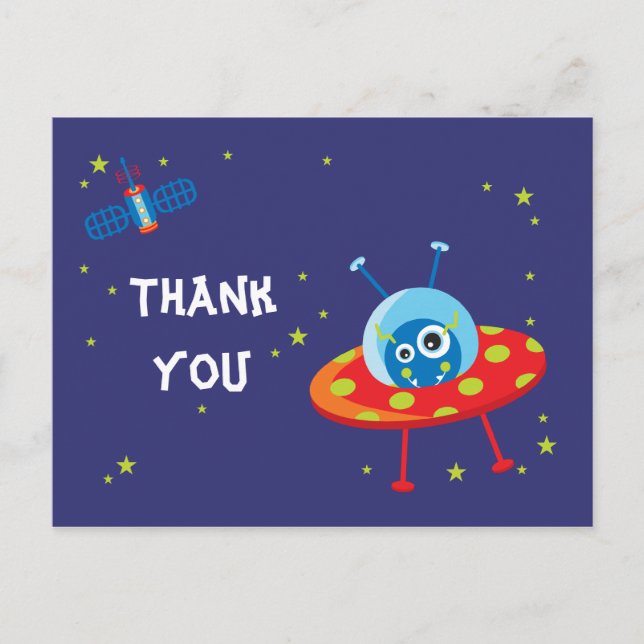 Fun alien ufo spaceship boys thank you postcard (Front)