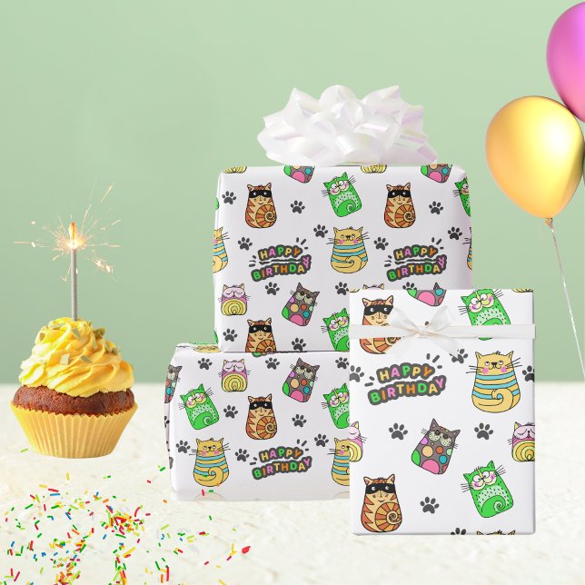 Fun and Colourful Happy Birthday Cats Wrapping Paper (Fun and Colorful Happy Birthday Cats Wrapping Paper)