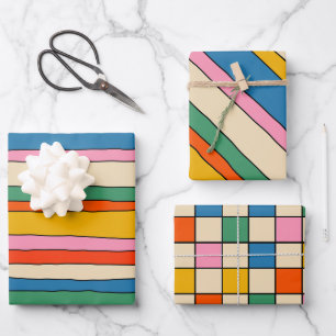 Fun and Colourful Stripes and Checks Patterns Wrapping Paper Sheet