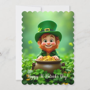 Fun and cute leprechaun, gold coins, shamrocks holiday card