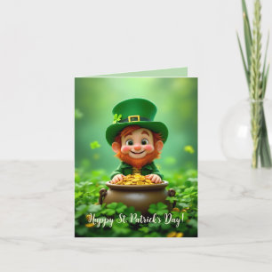 Fun and cute leprechaun, gold coins, shamrocks holiday card