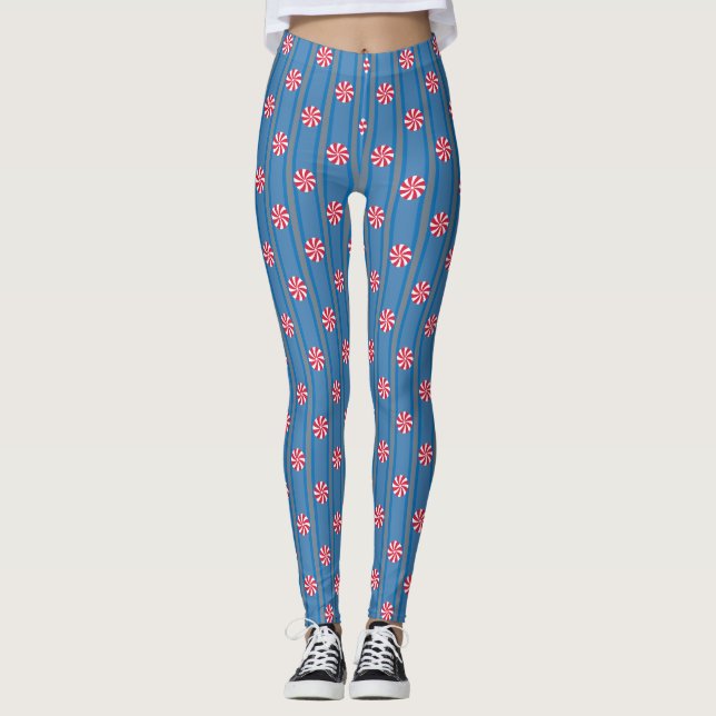 Fun and Fancy Blue Christmas Peppermint Candy Leggings (Front)