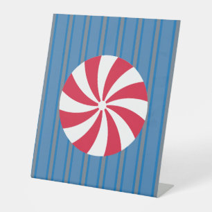 Fun and Fancy Blue Christmas Peppermint Candy Pedestal Sign