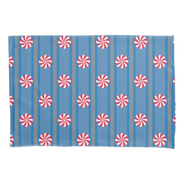 Fun and Fancy Blue Christmas Peppermint Candy Pillowcase (Front)