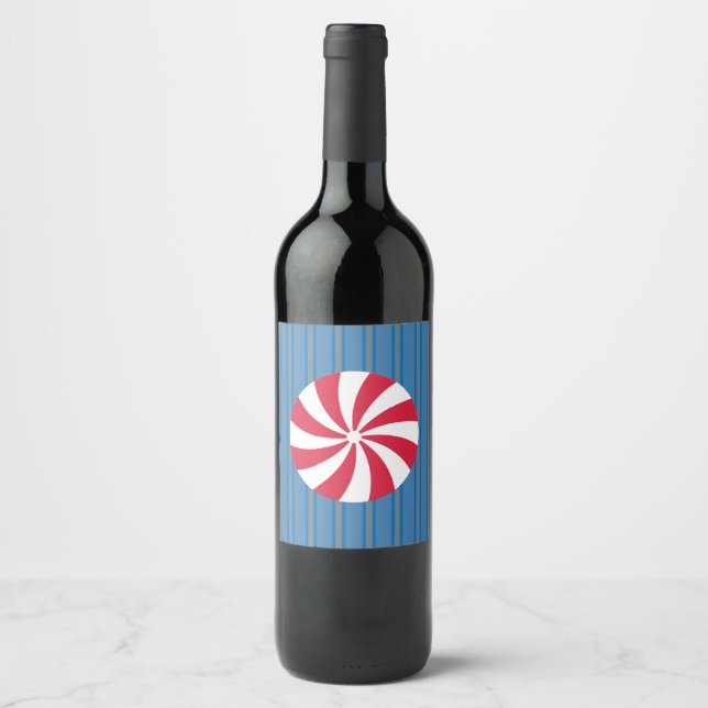 Fun and Fancy Blue Christmas Peppermint Candy Wine Label (Front)