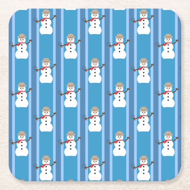 Fun and Fancy Blue Snowman Detective Square Paper Coaster (Front)