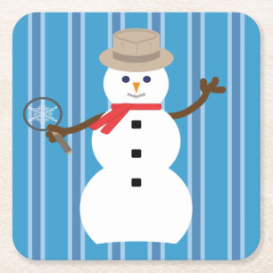 Fun and Fancy Blue Snowman Detective Square Paper Coaster