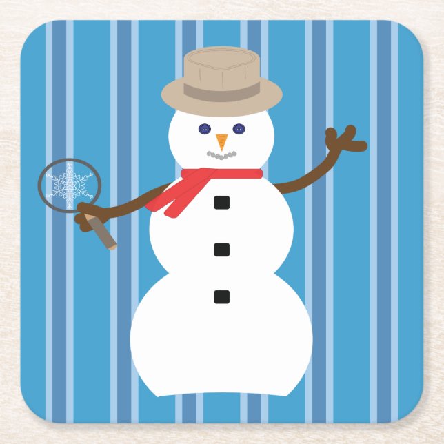 Fun and Fancy Blue Snowman Detective Square Paper Coaster (Front)