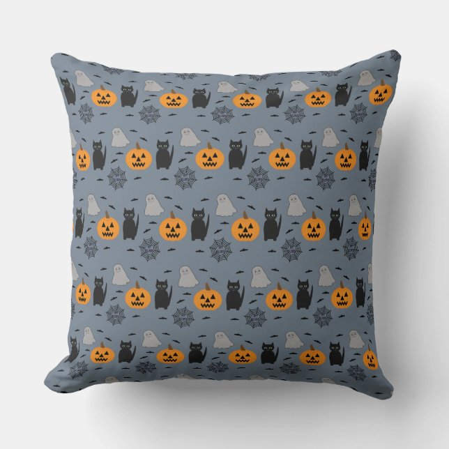 Fun and Fancy Halloween Cat Ghost Pumpkin Web Cushion (Front)