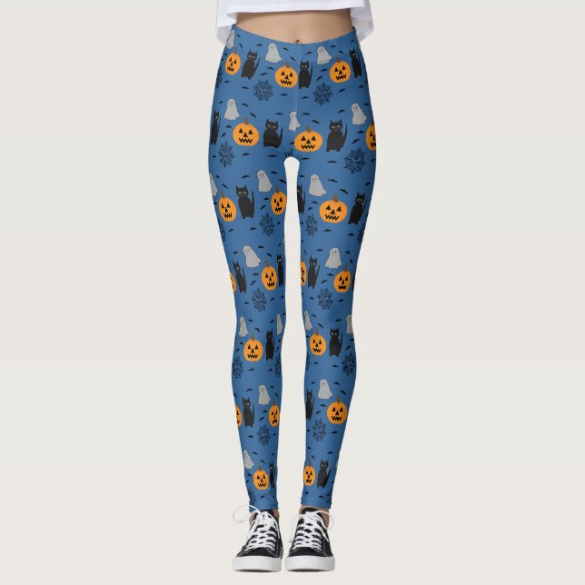 Fun and Fancy Halloween Cat Ghost Pumpkin Web Leggings (Front)