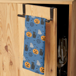 Fun and Fancy Halloween Cat Ghost Pumpkin Web Tea Towel