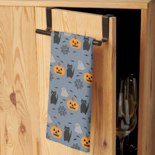 Fun and Fancy Halloween Cat Ghost Pumpkin Web Tea Towel