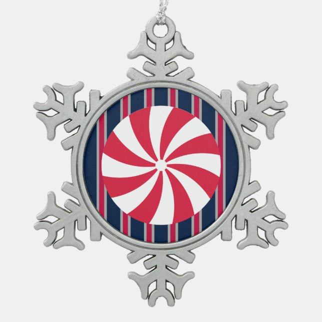 Fun and Fancy Peppermint Candy Snowflake Pewter Christmas Ornament (Front)