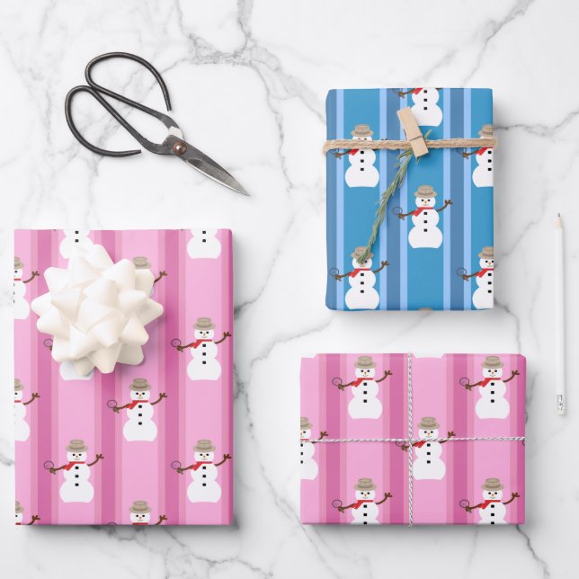 Fun and Fancy Pink & Blue Snowman Detective Wrapping Paper Sheet (Front)