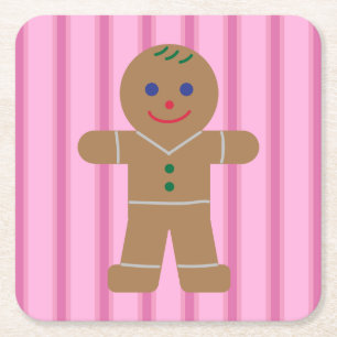Fun and Fancy Pink Gingerbread Man Square Paper Coaster