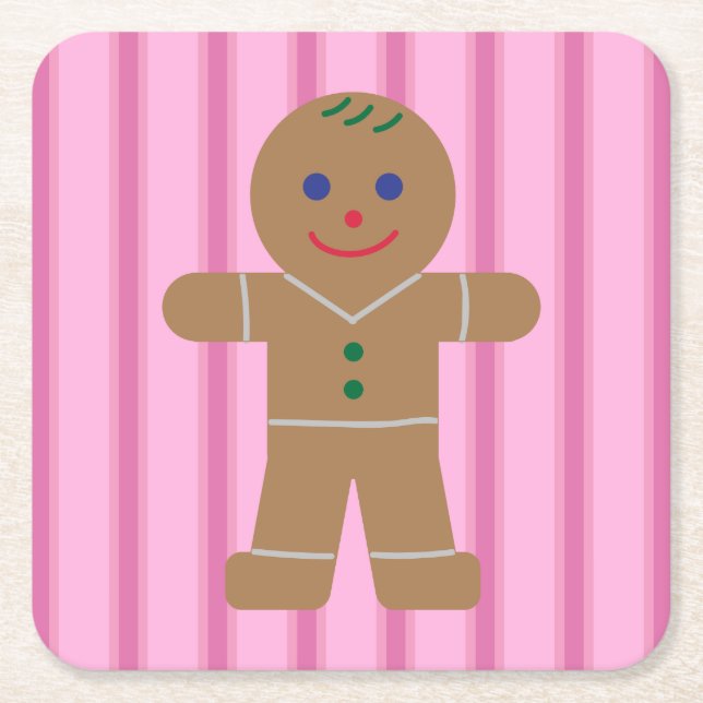 Fun and Fancy Pink Gingerbread Man Square Paper Coaster (Front)