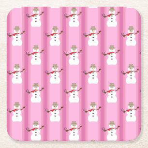 Fun and Fancy Pink Snowman Detective Square Paper Coaster