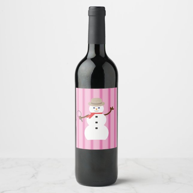 Fun and Fancy Pink Snowman Detective Wine Label (Front)