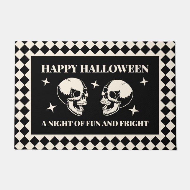 Fun and Fright Skull Black Halloween Doormat (Front)