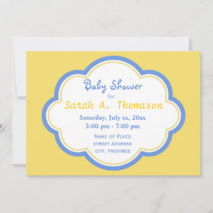 Fun and happy blue and yellow baby shower invitation