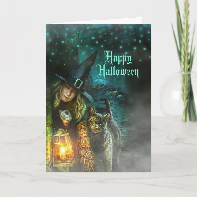 Fun and Spooky Witch and Cat Halloween Holiday Card (Front)