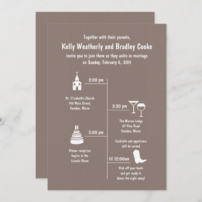 Fun and Whimsy Brown Wedding Timeline Invitation (Front/Back)