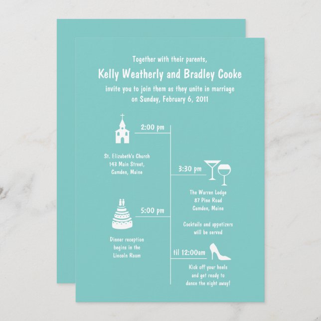 Fun and Whimsy Teal Wedding Timeline Invitation (Front/Back)