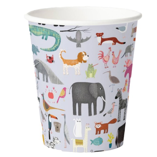 Fun Animal Menagerie Paper Cups (Jungle, safari, zoo, wild and pet animals and bird design paper party cup)