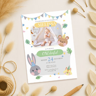 Fun Animal with Photo 1st Birthday Invitation