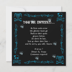 Fun Aqua Blue Girl Gothic Skulls Halloween Party Invitation