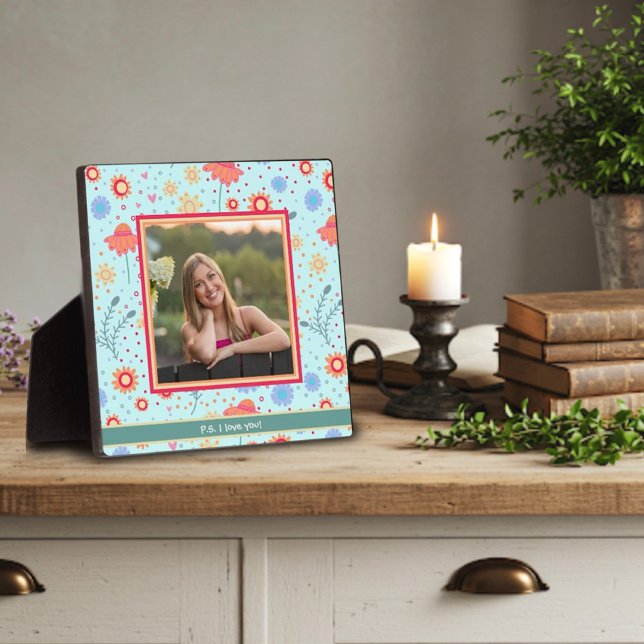 Fun Aqua Floral Cute Photo Customised Love Message Plaque (Creator Uploaded)