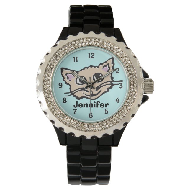 Fun aqua girls cat kitten graphic name wrist watch (Front)