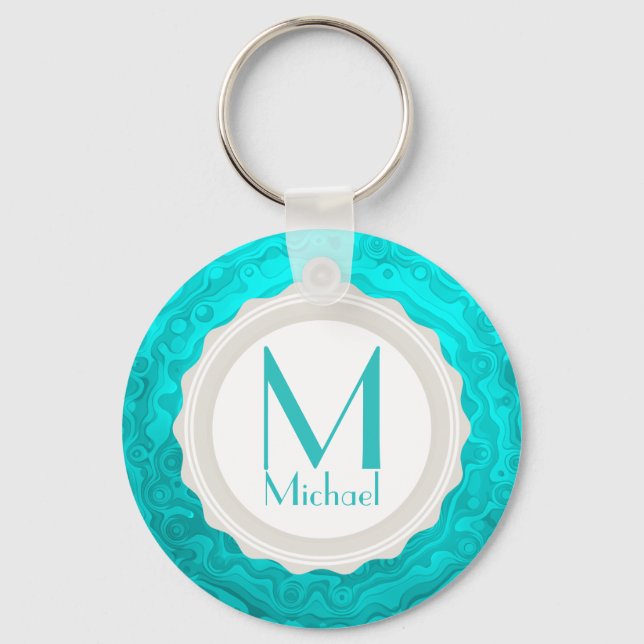 Fun Aqua Ripple - Custom Personalised Monogram Key Ring (Front)