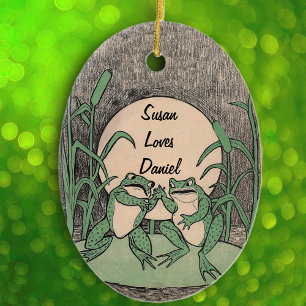 Fun Arguing Green Frog Couple on Lily Pad moon Ceramic Tree Decoration