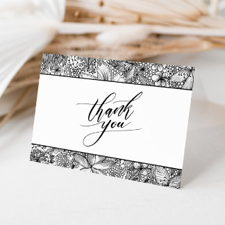 Fun Artsy Black White Hand Drawn Floral Thank You Card