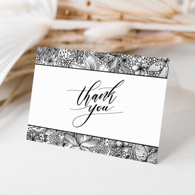 Fun Artsy Black White Hand Drawn Floral Thank You Card (Creator Uploaded)