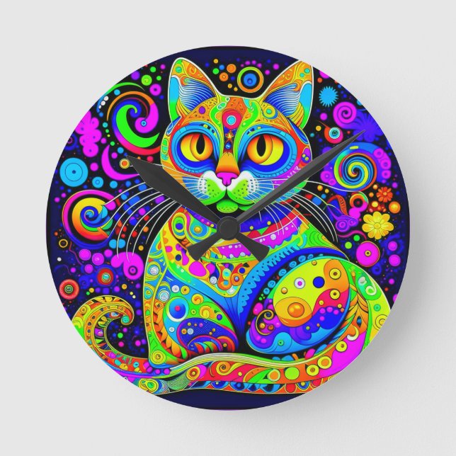 Fun Artsy Bright Coloured Haight-Ashbury Style Cat Round Clock (Front)