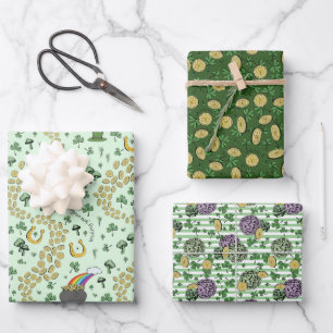 Fun Artsy Irish Shamrock Rainbow Leprechaun Green Wrapping Paper Sheet