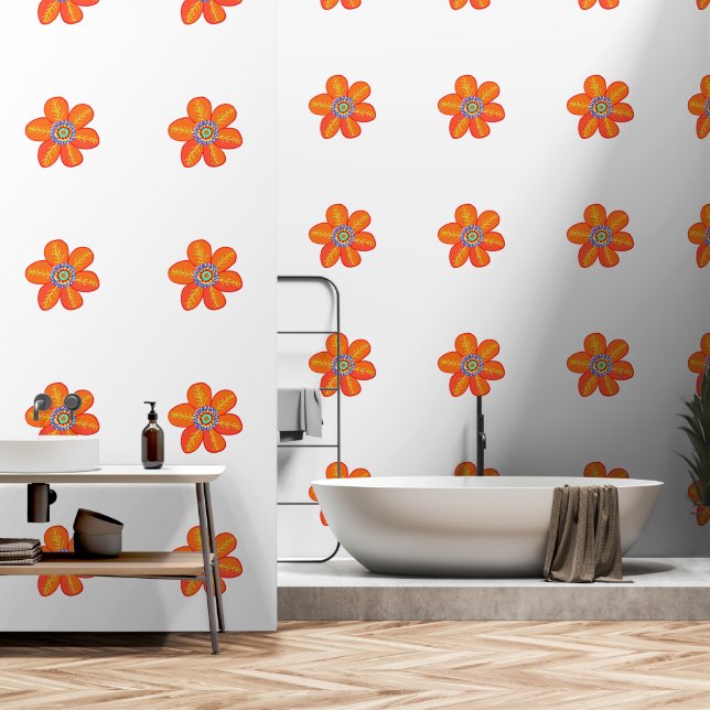 Fun Artsy Orange Floral Wallpaper (Bathroom)
