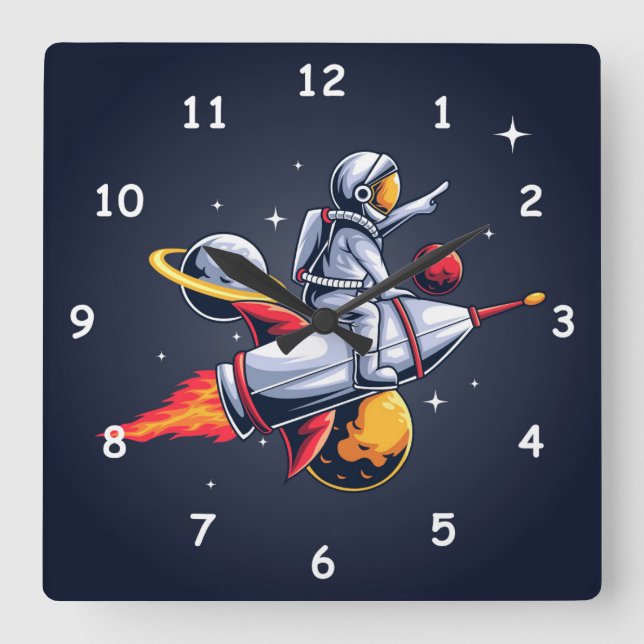 Fun Astronaut Flying Through Space Illustration Square Wall Clock (Front)