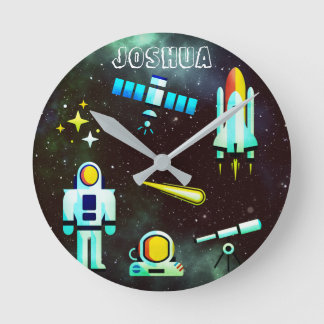 Fun Astronaut Rocket Personaized Round Clock