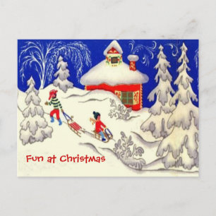 Fun at Christmas, tobogganing Holiday Postcard
