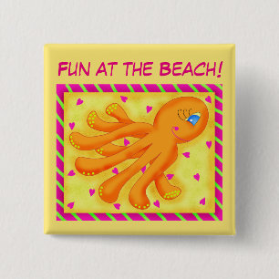 Fun at the Beach Whimsy Octopus Yellow Orange 15 Cm Square Badge