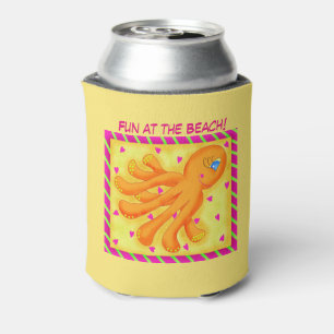 Fun at the Beach Whimsy Octopus Yellow Orange Can Cooler
